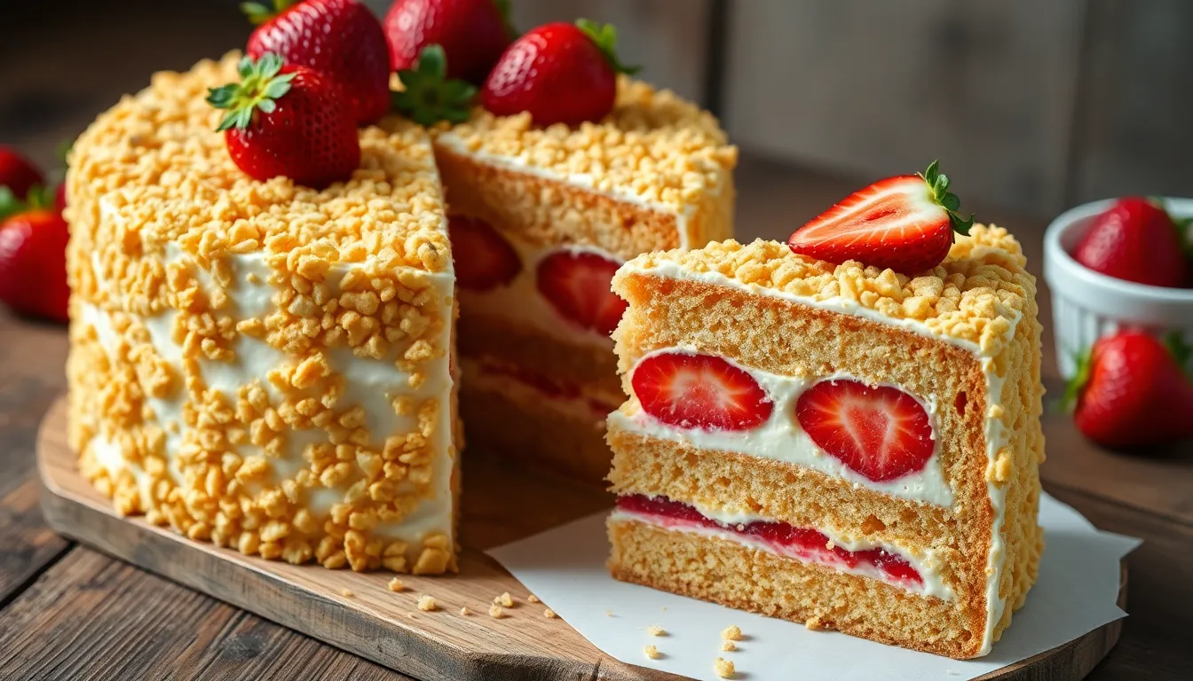 Easy Strawberry Crunch Cake Recipe - Perfect Summer Dessert with Crunchy Topping 4 Easy Strawberry Crunch Cake Recipe - Perfect Summer Dessert with Crunchy Topping 3