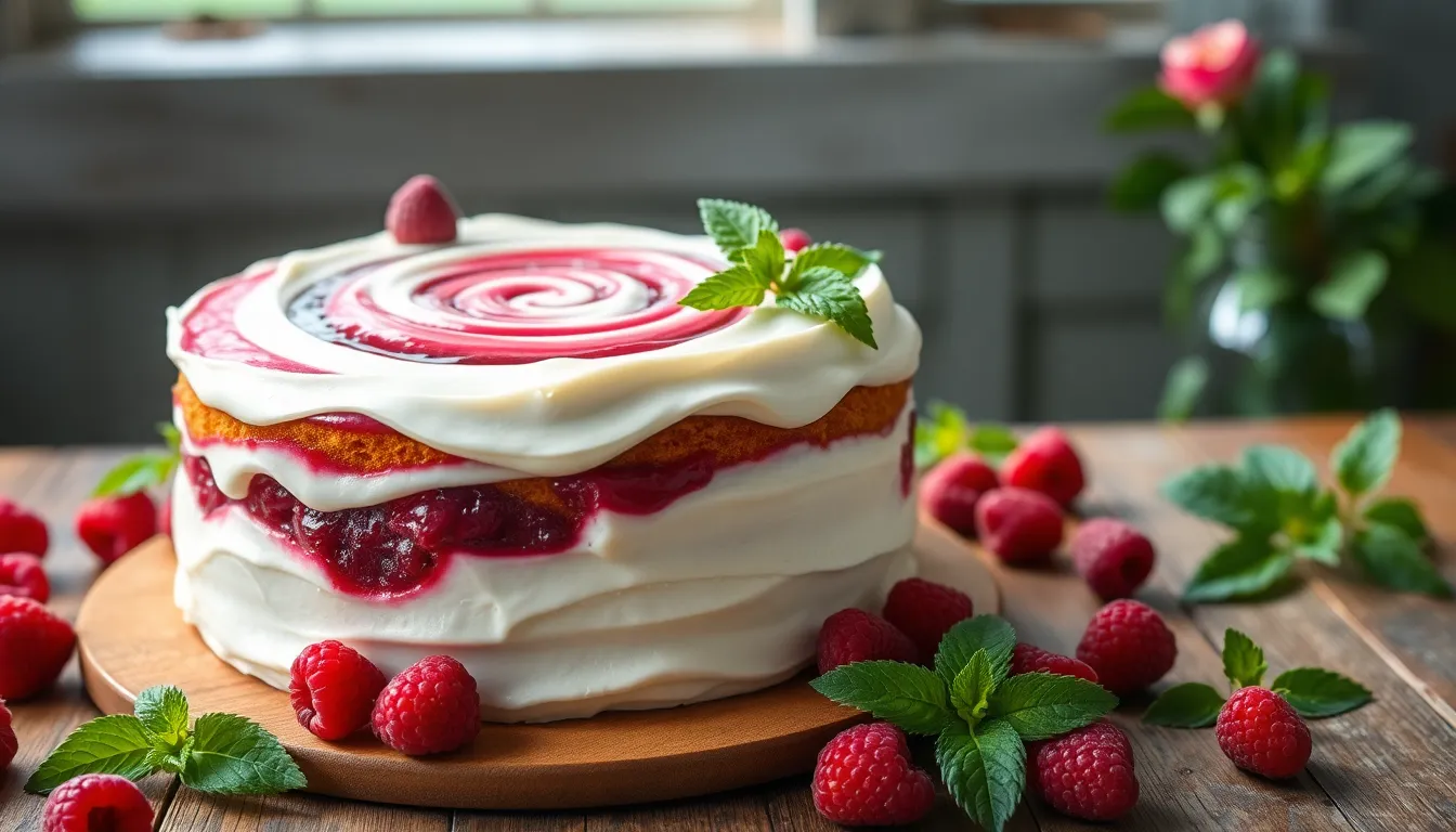 Easy Raspberry Ripple Cake Recipe: Fluffy Vanilla Layers with Pink Swirls 6 Easy Raspberry Ripple Cake Recipe: Fluffy Vanilla Layers with Pink Swirls 5